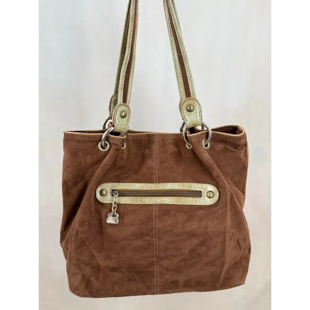 Vintage Y2K Kathy Van Zeeland Brown Faux Suede Grommet Tote Bag